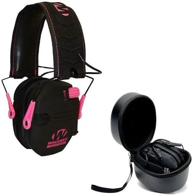 Alt view image 5 of 6 - Walker's Razor Slim Shooter Pink Electronic Hunting Folding Hearing Protection Earmuffs with 23dB Noise Reduction & Black Shockproof Carrying Case