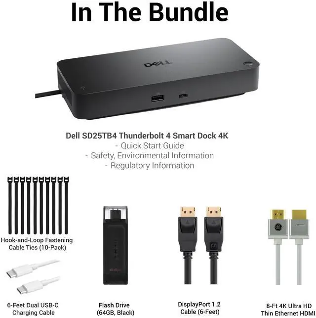 Alt view image 7 of 7 - Dell SD25TB4 Thunderbolt 4 Smart Dock 4K Support and up to 4 Displays (Black) Bundle with 4K HDMI Cable, 6ft DisplayPort Cable, 6ft USB-C Cable, Ten Cable Ties, and 128GB USB Drive (15 Items)