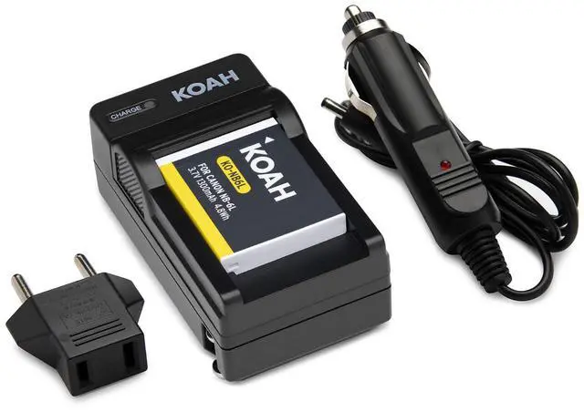 Main image of Koah PRO Rechargeable Replacement 1300 mAh Li-Ion Battery and Charger Compatible with Canon NB-6L, NB-6LH, small, compact and ultra portable spare charge kit, USB charging output for digital camera