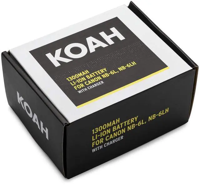 Alt view image 7 of 7 - Koah PRO Rechargeable Replacement 1300 mAh Li-Ion Battery and Charger Compatible with Canon NB-6L, NB-6LH, small, compact and ultra portable spare charge kit, USB charging output for digital camera