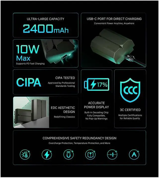 Alt view image 6 of 14 - Tilta NP-FZ100 2400mAh High-Capacity Battery for Digital Cameras with High-Energy-Density Cell, USB-C Port, and Built-In Decoding Chip (Green)