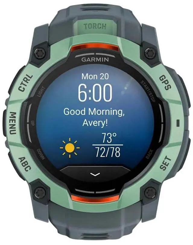 Alt view image 9 of 15 - Garmin Instinct® 3 50mm, AMOLED Display, Rugged Outdoor GPS Smartwatch, Metal-Reinforced Bezel, Built-in Flashlight, Up to 18 Days of Battery Life, Neo Tropic/Twilight