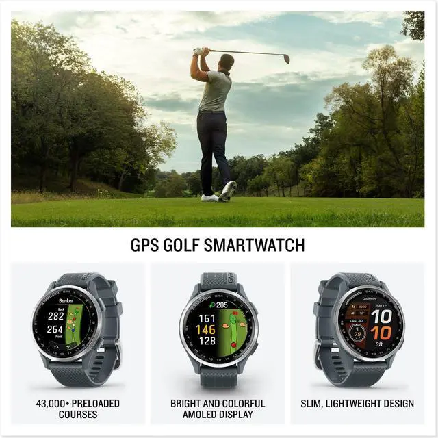 Alt view image 2 of 14 - Garmin Approach® S44, Essential Golf GPS Smartwatch, AMOLED Display, On-Course Features, Silver Aluminum Bezel with Twilight Silicone Band