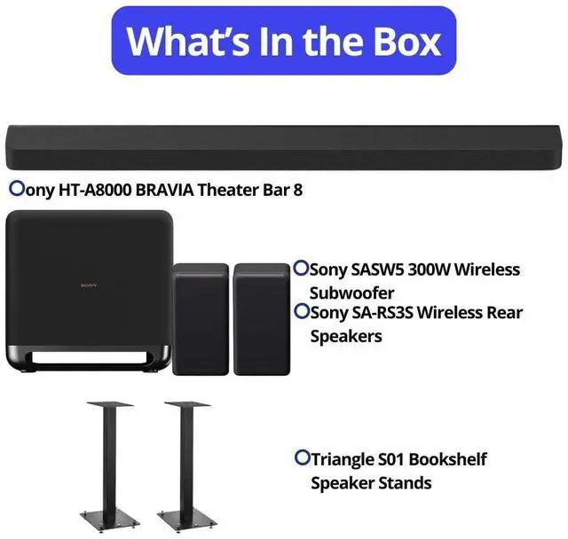 Alt view image 7 of 7 - Sony HT-A9000 BRAVIA Theater Bar 9 with Dolby Atmos and 360 Spatial Sound Mapping (Black) Bundle with Wireless Subwoofer, Rear Speakers, and Bookshelf Speaker Stands (Matte Black, Pair) (4 Items)