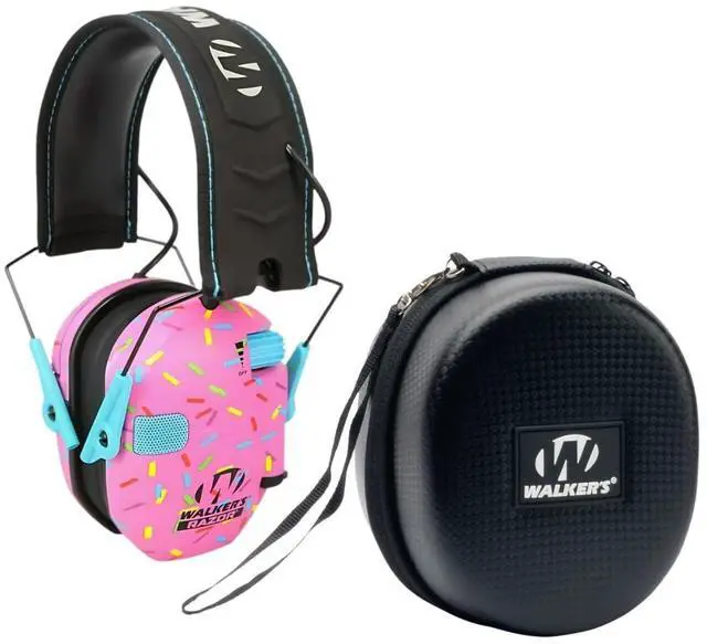 Main image of Walker's Razor Slim Electronic Ear Muffs (Pink Sprinkles) Bundle with Walker's Hearing Protection Case (2 Items)
