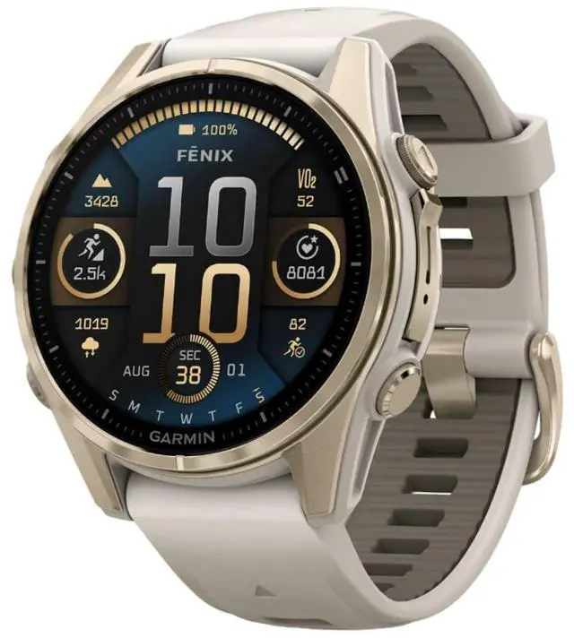 Alt view image 9 of 15 - Garmin fnix® 8 - 43mm, AMOLED, Sapphire, Premium Multisport GPS Smartwatch, Long-Lasting Battery Life, Dive-Rated, Built-in LED Flashlight, Soft Gold with Dark Sandstone Band