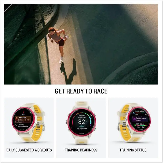 Alt view image 4 of 14 - Garmin® Forerunner® 570, 42mm, Advanced GPS Running and Triathlon Smartwatch, AMOLED Display, Training and Recovery Features, Raspberry Aluminum with Translucent Bone/Mango Band