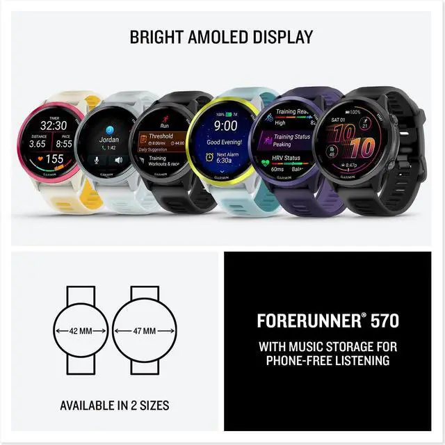 Alt view image 7 of 7 - Garmin® Forerunner® 570, 42mm, Advanced GPS Running and Triathlon Smartwatch, AMOLED Display, Training and Recovery Features, Slate Gray Aluminum with Translucent Black/Black Band
