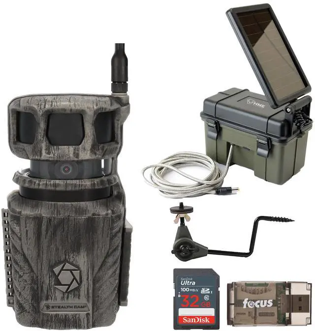 Main image of Stealth Cam Revolver 36MP 360-Degree Cellular Trail Camera with 1/4-Inch Threaded Mount Bundle with 12V Solar Auxiliary Power Pack, Holder, Memory Card and Card Reader (5 Items)