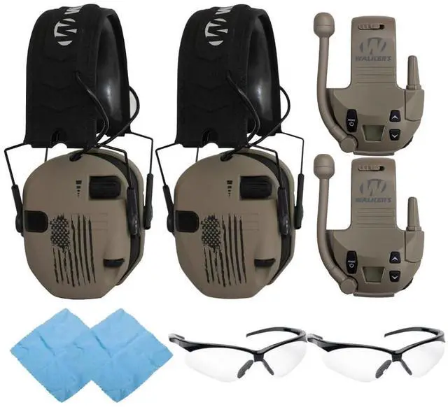 Main image of Walkers Razor Digital Electronic Ear Muff (US Flag-FDE) (2-Pack) Bundle with Walkie Talkie Attachment (Flat Dark Earth) (2-Pack), Sport Glasses (Clear) (2-Pack), and Cleaning Cloth (2-Pack) (8 Items)