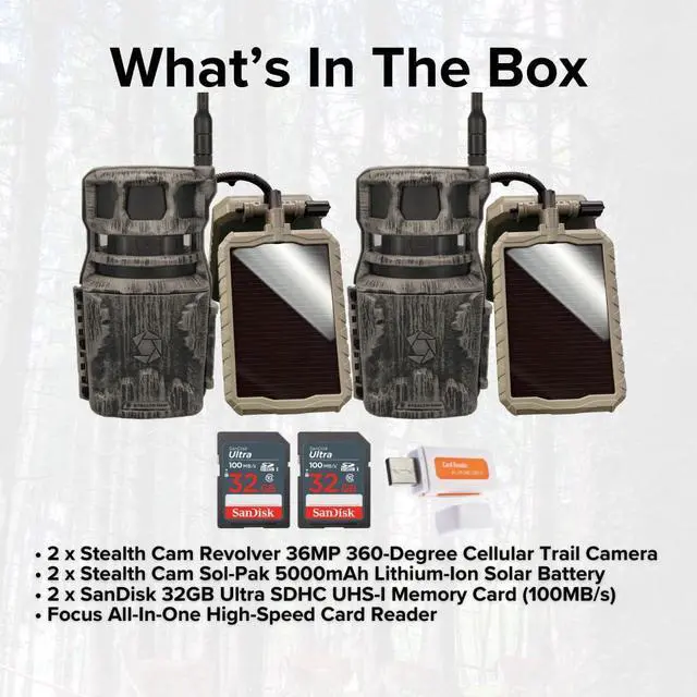 Alt view image 6 of 7 - Stealth Cam Revolver 36MP 360-Degree Cellular Trail Camera (2-Pack) Bundle with Stealth Cam Sol-Pak 5000mAh Solar Battery (2-Pack), 32GB Memory Card (2-Pack), and Card Reader (7 Items)