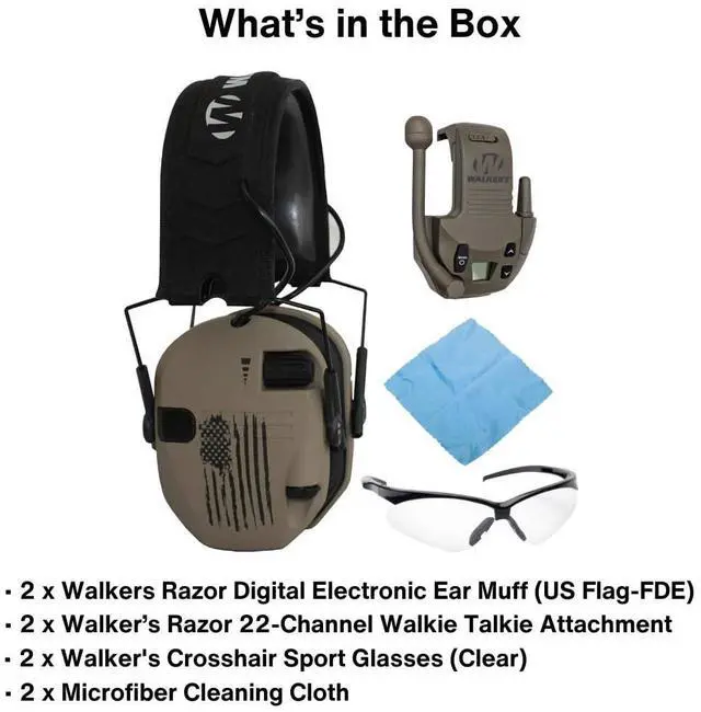 Alt view image 6 of 6 - Walkers Razor Digital Electronic Ear Muff (US Flag-FDE) (2-Pack) Bundle with Walkie Talkie Attachment (Flat Dark Earth) (2-Pack), Sport Glasses (Clear) (2-Pack), and Cleaning Cloth (2-Pack) (8 Items)