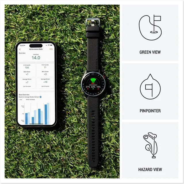 Alt view image 3 of 14 - Garmin Approach® S44, Essential Golf GPS Smartwatch, AMOLED Display, On-Course Features, Silver Aluminum Bezel with Twilight Silicone Band