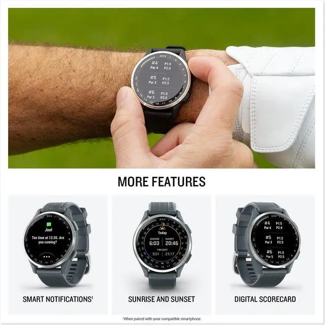 Alt view image 4 of 14 - Garmin Approach® S44, Essential Golf GPS Smartwatch, AMOLED Display, On-Course Features, Silver Aluminum Bezel with Twilight Silicone Band