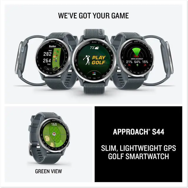 Alt view image 7 of 14 - Garmin Approach® S44, Essential Golf GPS Smartwatch, AMOLED Display, On-Course Features, Silver Aluminum Bezel with Twilight Silicone Band
