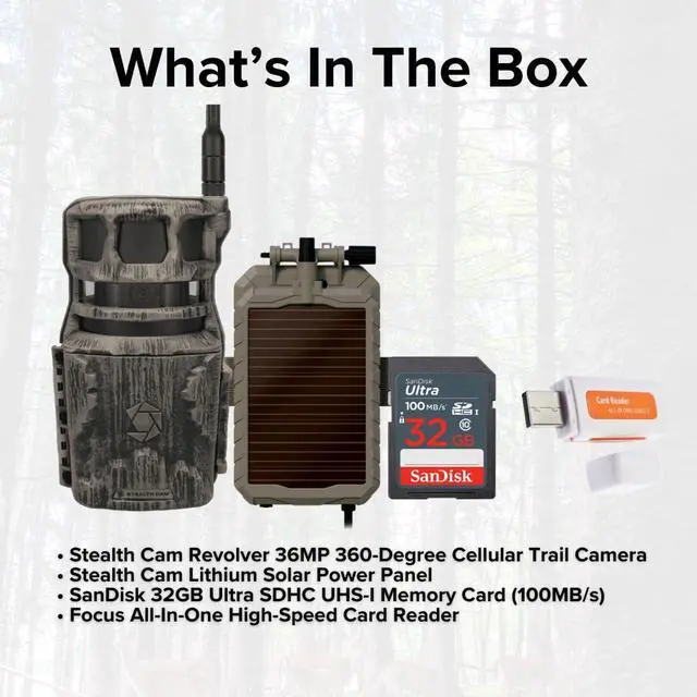 Alt view image 6 of 7 - Stealth Cam Revolver 36MP 360-Degree Cellular Trail Camera Bundle with Lithium Solar Power Panel, 32GB Ultra SDHC UHS-I Memory Card, and SD USB 2.0 Card Reader (4 Items)