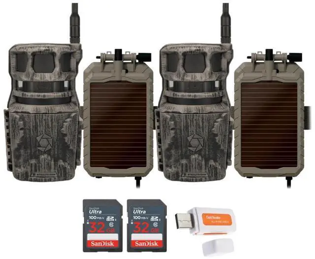 Main image of Stealth Cam Revolver 36MP 360-Degree Cellular Trail Camera (2-Pack) Bundle with Lithium Solar Power Panel (2-Pack), 32GB Ultra SDHC UHS-I Memory Card (2-Pack), and SD USB 2.0 Card Reader (7 Items)
