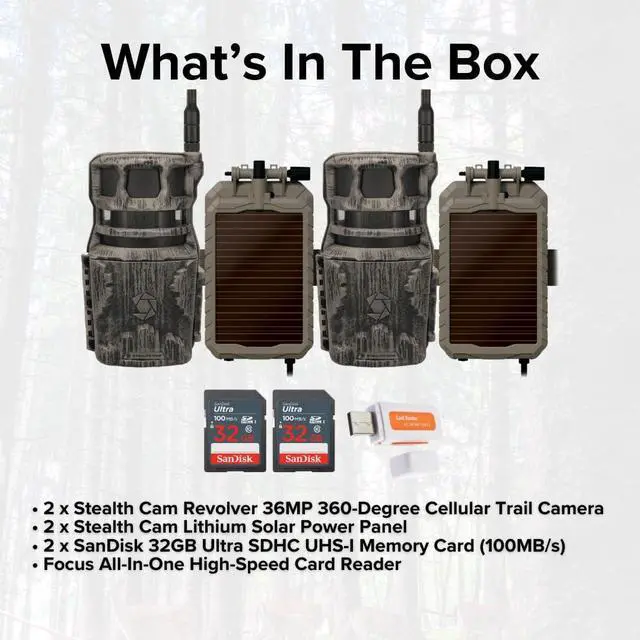 Alt view image 6 of 7 - Stealth Cam Revolver 36MP 360-Degree Cellular Trail Camera (2-Pack) Bundle with Lithium Solar Power Panel (2-Pack), 32GB Ultra SDHC UHS-I Memory Card (2-Pack), and SD USB 2.0 Card Reader (7 Items)