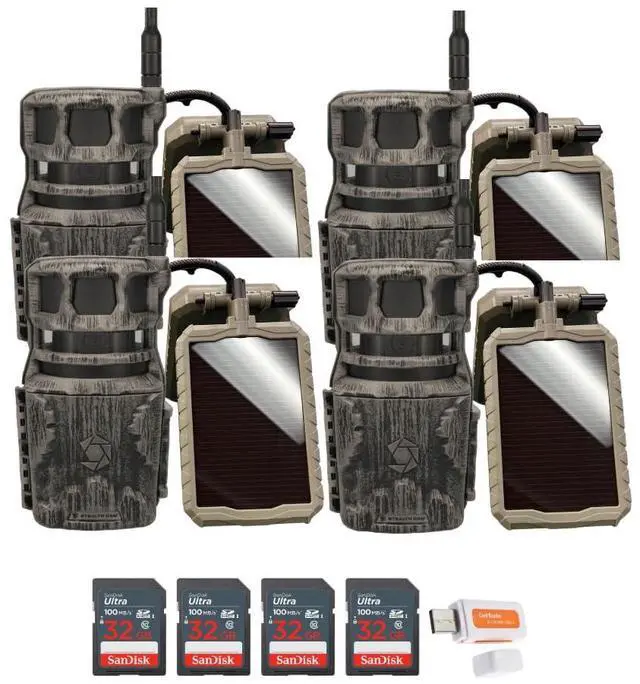 Main image of Stealth Cam Revolver 36MP 360-Degree Cellular Trail Camera (4-Pack) Bundle with Stealth Cam Sol-Pak 5000mAh Solar Battery (4-Pack), 32GB Memory Card (4-Pack), and Card Reader (13 Items)