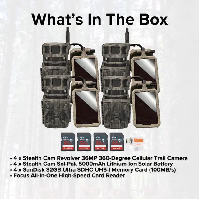 Alt view image 6 of 7 - Stealth Cam Revolver 36MP 360-Degree Cellular Trail Camera (4-Pack) Bundle with Stealth Cam Sol-Pak 5000mAh Solar Battery (4-Pack), 32GB Memory Card (4-Pack), and Card Reader (13 Items)