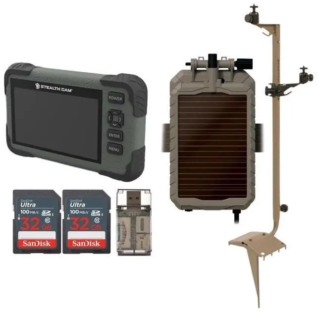 Main image of Stealth Cam Adjustable Multi-Pivot Mounting Post Bundle with Solar Power Panel, SD Card Reader-Viewer with 4.3-Inch LCD Touch Screen, 32GB Memory Card (2-Pack), and 4-In-1 USB Card Reader (6 Items)