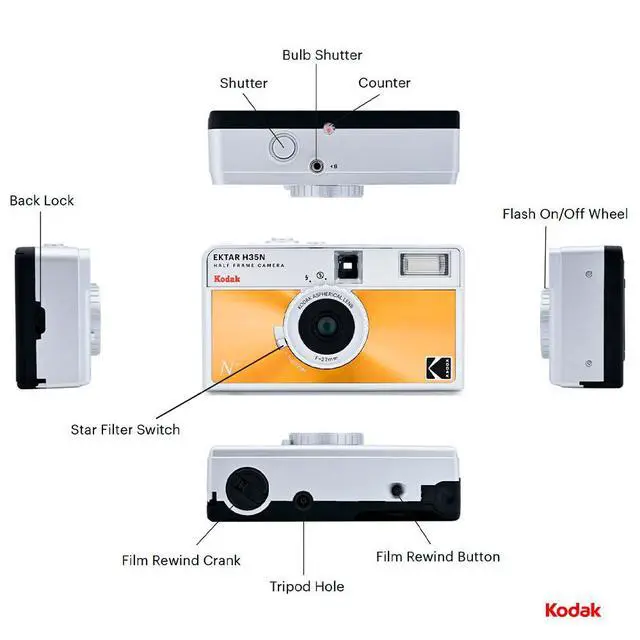 Alt view image 6 of 14 - Kodak Ektar H35N 35mm Half Frame Film Camera with Built-In Star Filter, Tripod Support, and Bulb Function for Long-Exposure Photography (Glazed Orange)