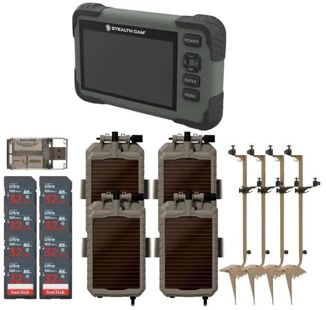Main image of Stealth Cam Adjustable Multi-Pivot Mounting Post (4-Pack) Bundle with Solar Power Panel (4-Pack), SD Card Reader-Viewer (4-Pack), 32GB Memory Card (8-Pack), and 4-In-1 USB Card Reader (21 Items)