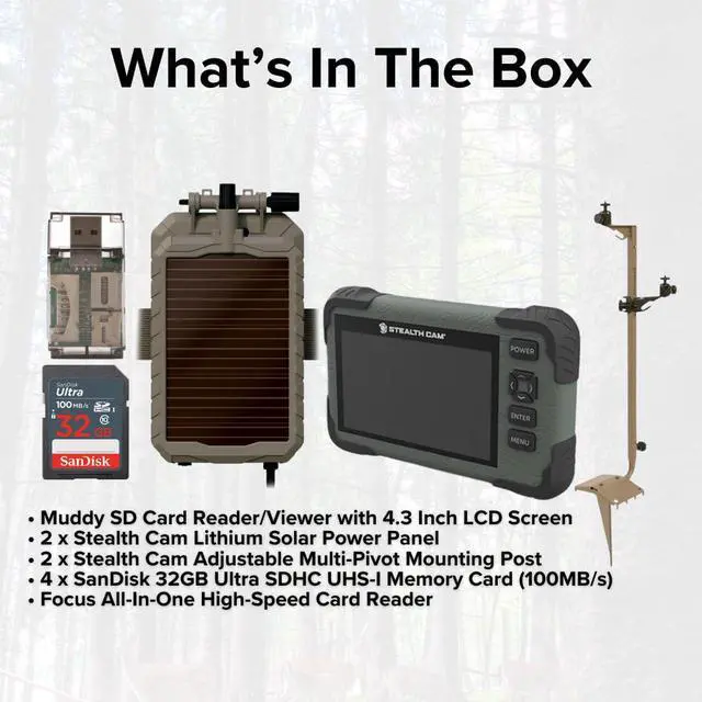 Alt view image 6 of 6 - Stealth Cam Adjustable Multi-Pivot Mounting Post (2-Pack) Bundle with Solar Power Panel (2-Pack), SD Card Reader-Viewer (2-Pack), 32GB Memory Card (4-Pack), and 4-In-1 USB Card Reader (11 Items)