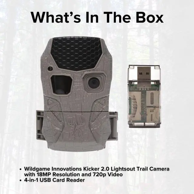 Alt view image 7 of 7 - Wildgame Innovations Kicker 2.0 Lightsout Trail Camera with 18MP Resolution and 720p Video Capture Bundle with All-In-One Card Reader and Memory Card (3 Items)