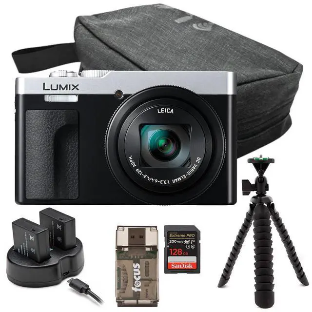 Main image of Panasonic LUMIX ZS99 30x Zoom Point Compact Digital Camera (Silver) Bundle with 128GB Memory Card, Storage Travel Case, Battery and Dual Charger, Spider Tripod, and Card Reader (6 Items)