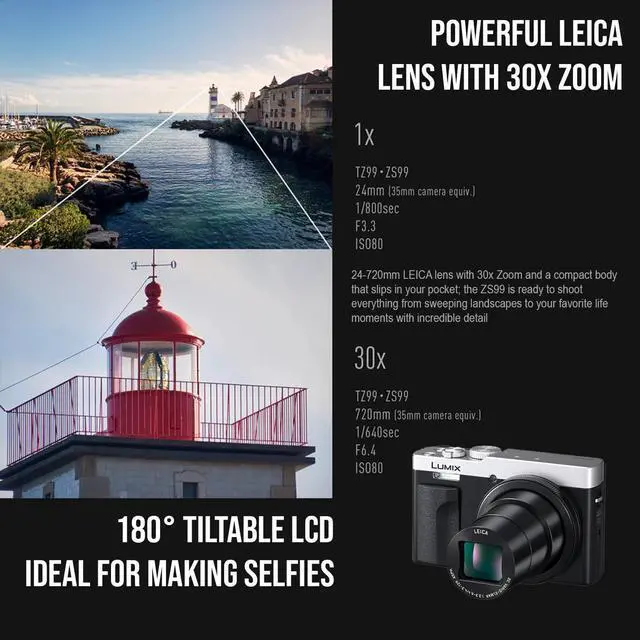 Alt view image 4 of 7 - Panasonic LUMIX ZS99 30x Zoom Point Compact Digital Camera (Silver) Bundle with 128GB Memory Card, Storage Travel Case, Battery and Dual Charger, Spider Tripod, and Card Reader (6 Items)