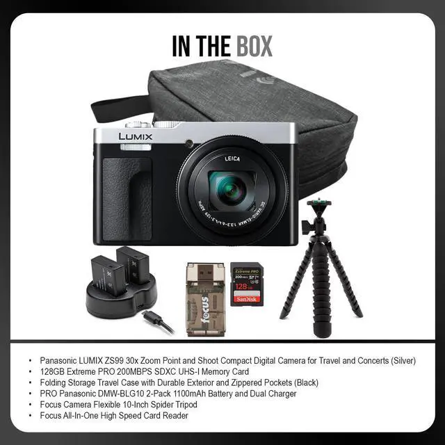 Alt view image 7 of 7 - Panasonic LUMIX ZS99 30x Zoom Point Compact Digital Camera (Silver) Bundle with 128GB Memory Card, Storage Travel Case, Battery and Dual Charger, Spider Tripod, and Card Reader (6 Items)