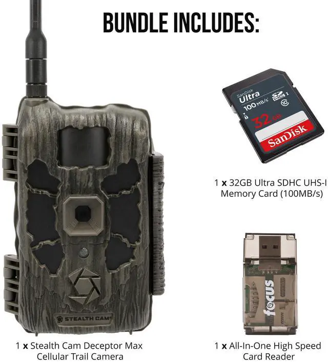 Alt view image 2 of 3 - Stealth Cam 40MP Deceptor Max Cellular Trail Camera with 32GB Memory Card and Card Reader (3 Items)