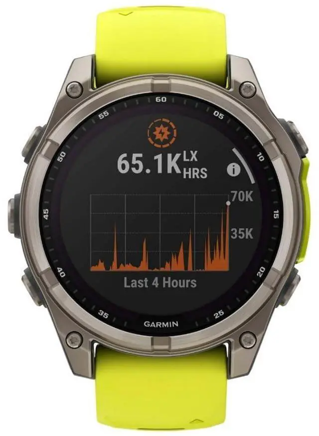 Alt view image 10 of 15 - Garmin fnix® 8 - 47 mm, Solar, AMOLED, Sapphire, Premium Multisport GPS Smartwatch, Long-Lasting Battery Life, Dive-Rated, Built-in LED Flashlight, Titanium with Amp Yellow/Graphite Band