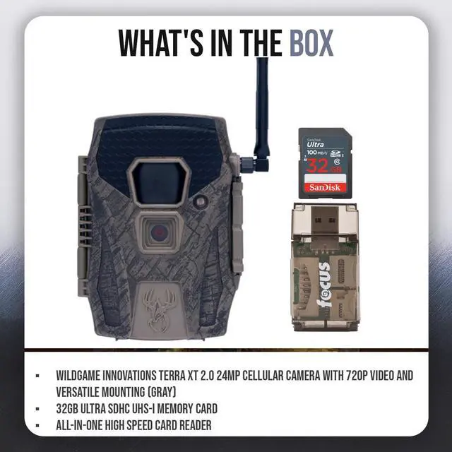 Alt view image 7 of 7 - Wildgame Innovations Terra XT 2.0 24MP Cellular Camera with 720p Video (Gray) Bundle with 32GB Memory Card and Card Reader (3 Items)