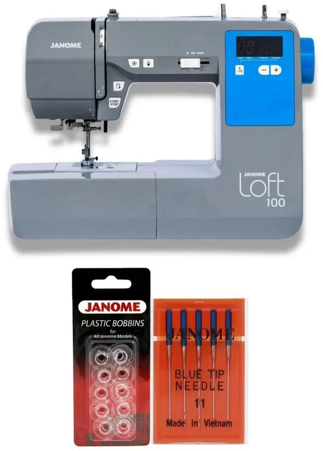 Main image of Janome Loft 100 Computerized Sewing Machine with 100 Stitches Bundle with Needles and Plastic Bobbins (16 Items)