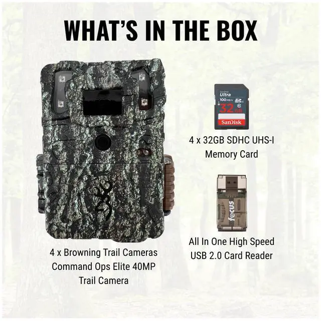 Alt view image 2 of 7 - Browning Trail Cameras - Command Ops Elite 40MP (4-Pack) with 4x 32GB Memory Card and Card Reader (9 Items)