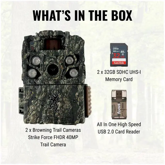 Alt view image 3 of 7 - Browning Trail Cameras - Strike Force FHDR 40MP (2-Pack) with 2x 32GB Memory Card and Card Reader (5 items)