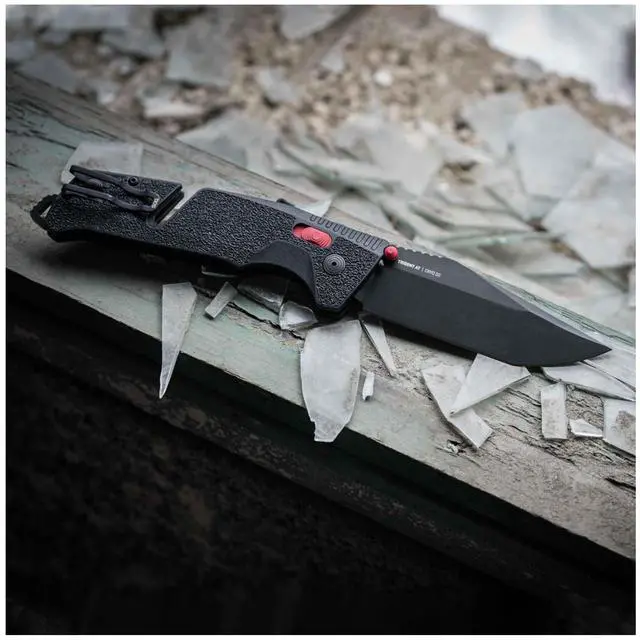 Alt view image 3 of 7 - SOG Trident AT Tanto  Cryo D2 Folding Knife with AT-XR Lock, Glass Breaker & Line Cutter (Black/Red)
