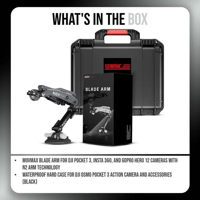 Alt view image 7 of 7 - Movmax Blade Arm for DJI Pocket 3, Insta 360, and GoPro HERO 12 Cameras with N2 Arm Technology Bundle with Waterproof Hard Case (Black) (2 Items)