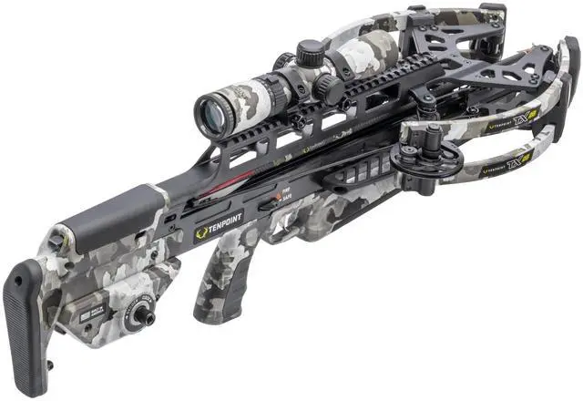 Alt view image 7 of 7 - TenPoint TRX 28 Crossbow with 100-Yard RangeMaster 100 Vektra Scope, Twin-Riser Technology, and TriggerTech Precision Trigger (Vektra Camo)
