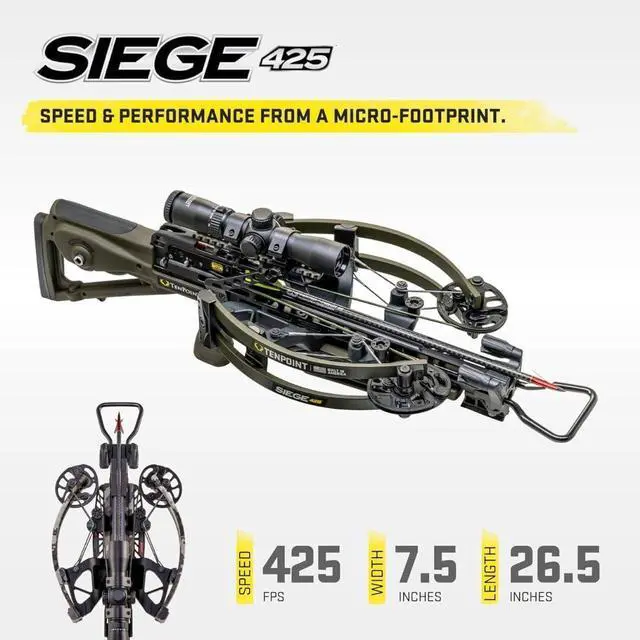Alt view image 3 of 7 - TenPoint Siege 425 Ultra-Compact Crossbow with Reverse-Draw Design, Scope Struts, 100-Yard RangeMaster, and S1 Trigger (Moss Green)