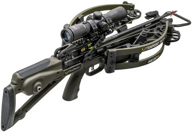 Alt view image 7 of 7 - TenPoint Siege 425 Ultra-Compact Crossbow with Reverse-Draw Design, Scope Struts, 100-Yard RangeMaster, and S1 Trigger (Moss Green)