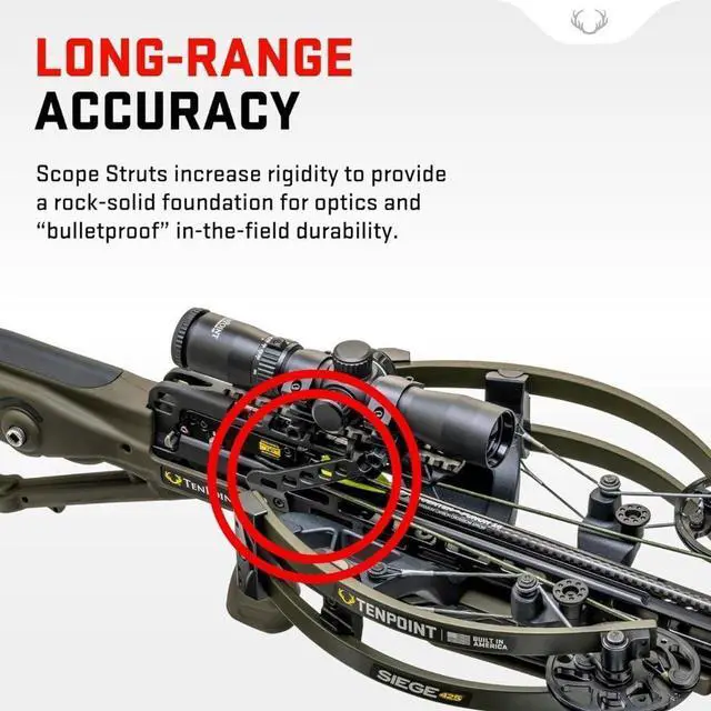 Alt view image 4 of 7 - TenPoint Siege 425 Ultra-Compact Crossbow with Reverse-Draw Design, Scope Struts, 100-Yard RangeMaster, and S1 Trigger (Moss Green)
