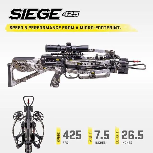 Alt view image 3 of 7 - TenPoint Siege 425 Ultra-Compact Crossbow with Reverse-Draw Design, Scope Struts, 100-Yard RangeMaster, and S1 Trigger (Vektra)