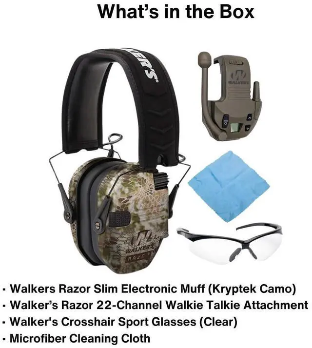 Alt view image 6 of 6 - Walkers Razor Slim Electronic Muff (Kryptek Camo) Bundle with Walkers Razor Walkie Talkie Attachment (Flat Dark Earth), Sport Glasses (Clear), and Microfiber Cleaning Cloth (4 Items)