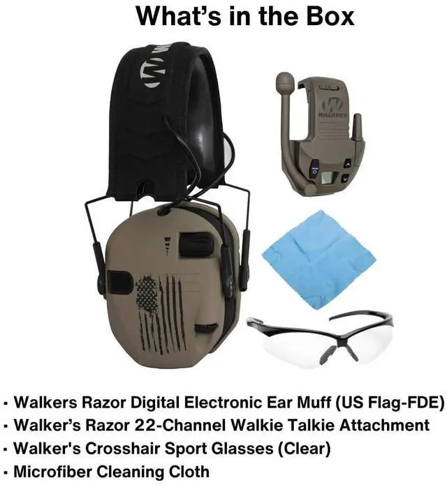 Alt view image 6 of 6 - Walkers Razor Digital Electronic Ear Muff (US Flag-FDE) Bundle with 22-Channel Walkie Talkie Attachment (Flat Dark Earth), Sport Glasses (Clear), and Microfiber Cleaning Cloth (4 Items)