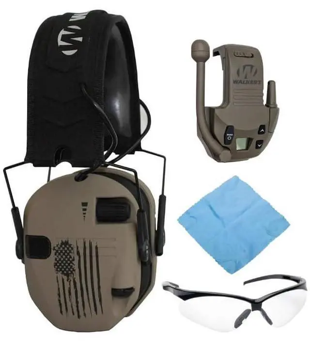 Main image of Walkers Razor Digital Electronic Ear Muff (US Flag-FDE) Bundle with 22-Channel Walkie Talkie Attachment (Flat Dark Earth), Sport Glasses (Clear), and Microfiber Cleaning Cloth (4 Items)