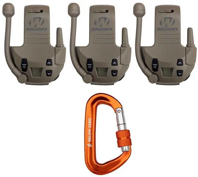Main image of Walker's Razor 22-Channel Walkie Talkie Attachment with LCD Screen (Flat Dark Earth, 3-Pack) Bundle with BELOW ZERO 12kN Heavy Duty Carabiner with Locking Clip (Orange) (4 Items)