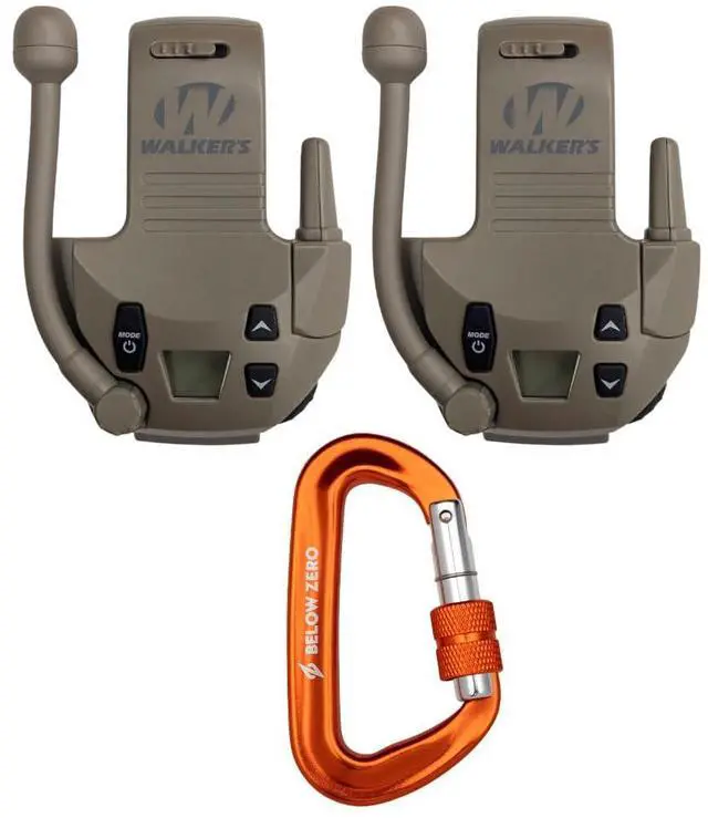 Main image of Walker's Razor 22-Channel Walkie Talkie Attachment with LCD Screen (Flat Dark Earth, 2-Pack) Bundle with BELOW ZERO 12kN Heavy Duty Carabiner with Locking Clip (Orange) (3 Items)